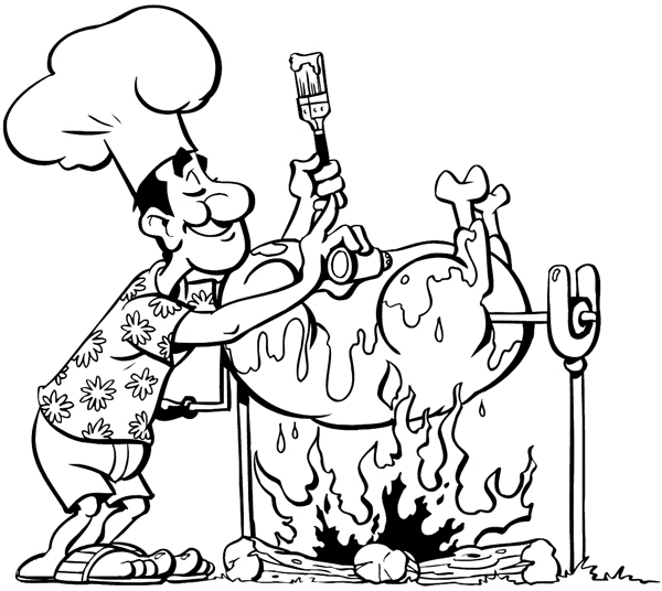 Outdoor cook with animal on spit vinyl sticker. Customize on line. Food Meals Drinks 040-0409